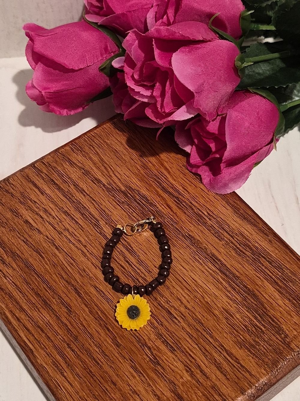 Handmade Brown Beaded Cup Charm with Yellow Sunflower Charm